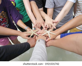 Close up top view of young business people standing on beach putting their hands together. Stack of hands. Unity and teamwork concept.