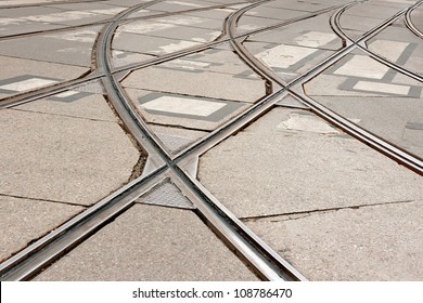 Close Up Of Tram Tracks Crossing Each Other