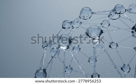 A close up of transparent molecular structure with interconnected spheres on gradient background