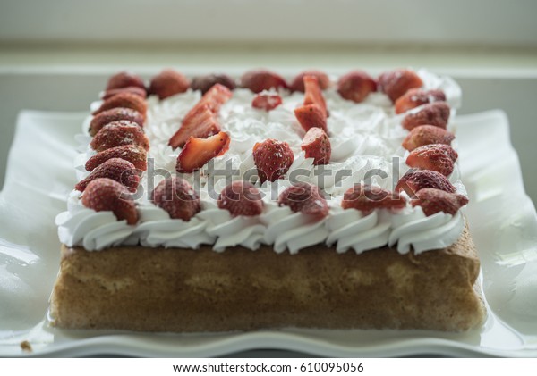 Close Tres Leches Cake Decorated Whipped Royalty Free Stock Image