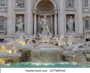Close Up Of Trevi Fountain With Floodlights On In Rome