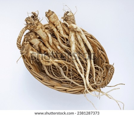 Close up of trimmed raw balloon flower roots on bamboo basket and white floor, South Korea
