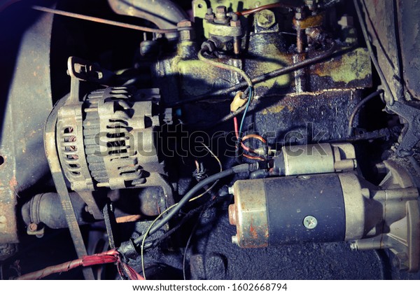Close up of a truck engine, tube filters and\
other components of diesel engine.\
