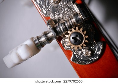 Close up of the tuning peg of a guitar 