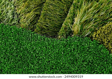 close up of turf artificial sample choice green grass background