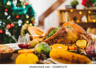 Close Up Turkey On Table Happy Thanksgivning Dinner Party With Familly.