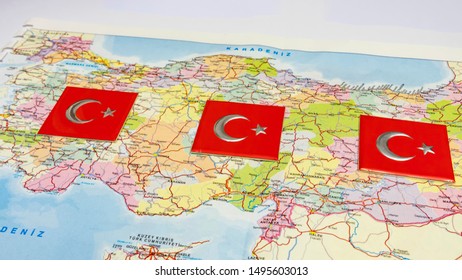 close up turkish flags on turkey map.