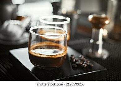 Close Up Of Two Espresso In Shot Glasses. 