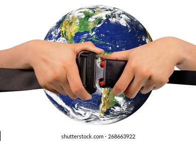 Close Up Two Hand Use Safety Belt Safe World On White Background .United Nations Climate Change Conference