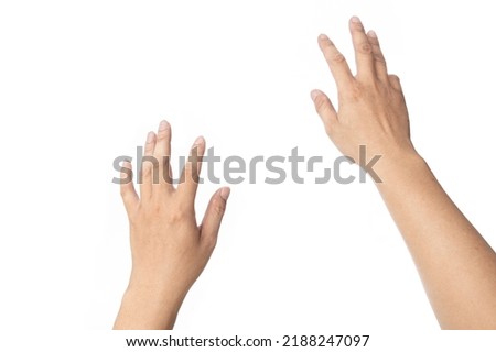 Close up of two hands reaching and holding for first person point of view, Isolated on white background. 
