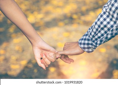 Close Up Of Two Lovers Joining Hands. Detail Silhouette Of Man And Woman Holding Hands Over The Yellow Flowers Fall To The Ground. Background. Couple Trust, Love And Happiness Concept.Valentine