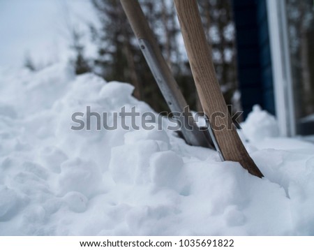Close up of two showels placed in deep snow