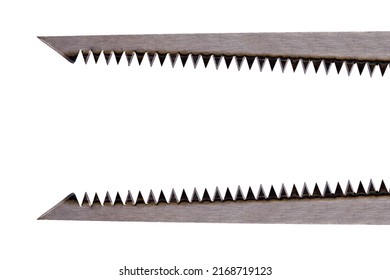 Close Up Of Two Straight Metal Saw Blades One Above And One Below Copy Space With Sharp Long Teeth And Pointed Shape Against White Background Concept Danger And Sharpness