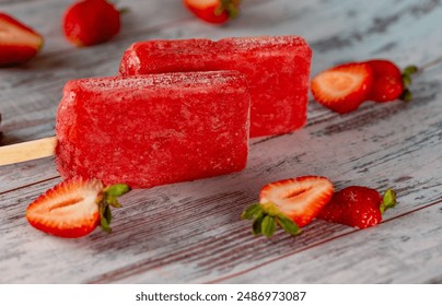 A close up of two strawberry-flavored popsicles surrounded by fresh strawberries - Powered by Shutterstock