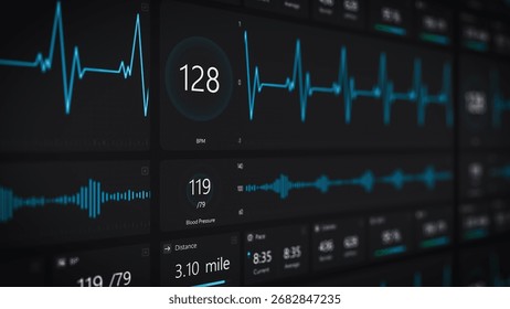 Close Up UI with a Training App Computer Screen Featuring Graphs of Daily Exercise Progress, Heartbeat Monitor, Distance Tracking, Speed and Time Data. Modern Workout Software Template