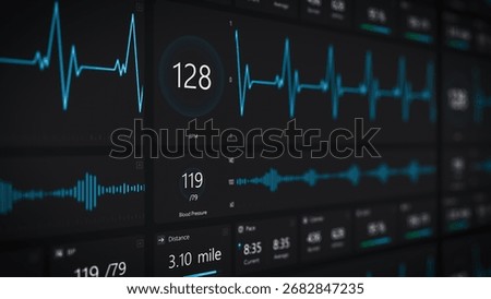 Close Up UI with a Training App Computer Screen Featuring Graphs of Daily Exercise Progress, Heartbeat Monitor, Distance Tracking, Speed and Time Data. Modern Workout Software Template