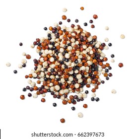 close up of uncooked quinoa, isolated on the white background, top view