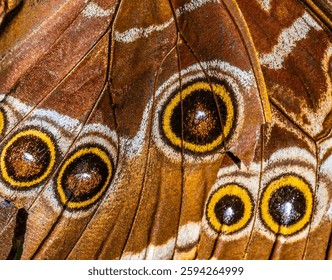Close up of the underside of the wing of a Blu=e Morph Butterfly (Morpho menelaus)