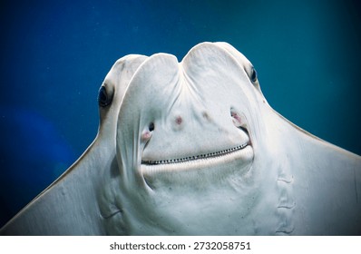 Close up underwater view of stingray from below showing friendly smiling face with mouth nostrils and eyes creating amusing expression. Unique perspective of ray fish swimming overhead in blue aquarium water displaying white underside. Charming marine wildlife photography capturing personality of ocean creature. Perfect for marine life aquarium underwater photography humor nature educational content and ocean themed projects.