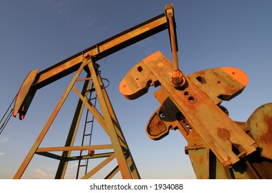 Close Up And Unique Angle Of Oil Field Pump Jack