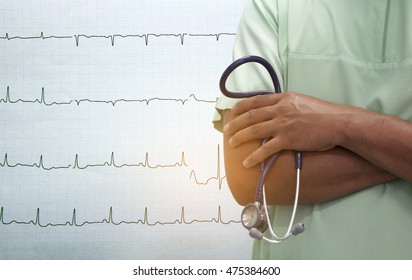 Close Up Unknown Nurse And Stethoscope On EKG Background