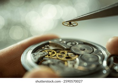 Close up of unrecognizable factory worker assembling intricate mechanical watch, copy space