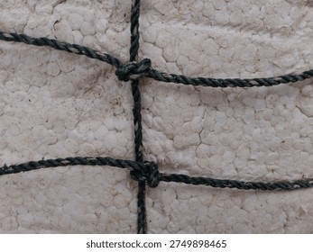 Close -up abstract composition of intersecting horizontal and vertical dark rope lines with sturdy knots.