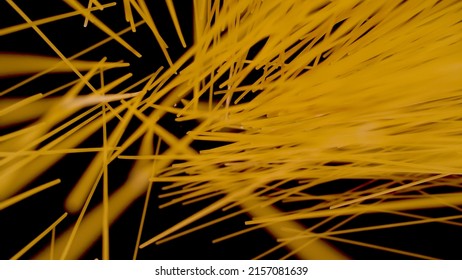 CLOSE UP, BOKEH: Top Down View Of Falling Spaghetti Scattered On Black Background. Famous Italian Pasta Ready For Cooking And Preparing Delicious Dish. Dropped Raw Spaghetti Sheaf In Shallow Focus.