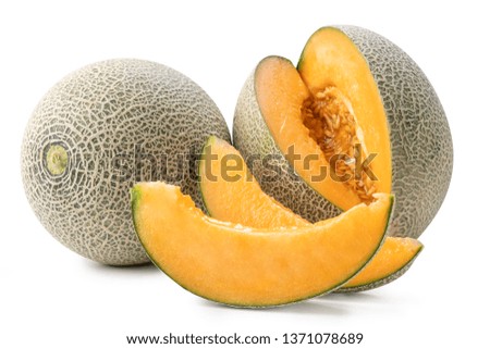 Close up, clipping path, cut out. Beautiful tasty sliced rock cantaloup melon isolated on white background