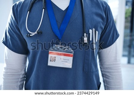Close up, doctor and medical hospital with stethoscope, morning sunrise and name tag. Healthcare, service professional and work for wellness, scrubs and worker for employee, surgeon and medicare