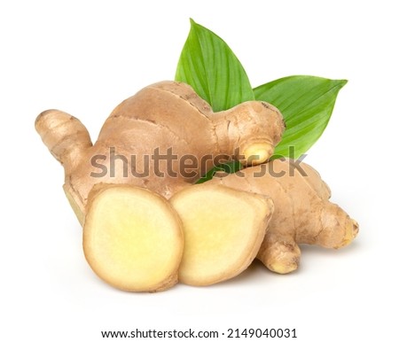 Close up, Fresh ginger root with sliced and green leaves isolated on white background
