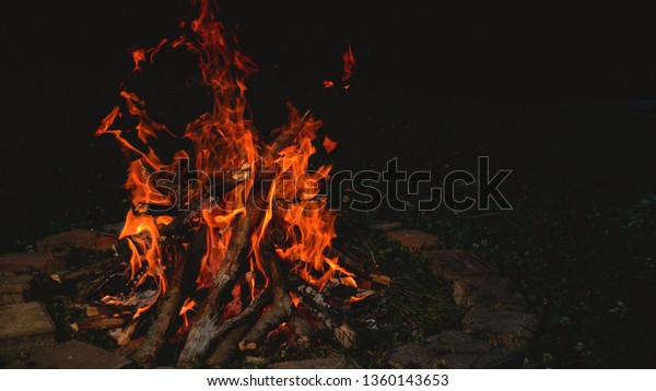 Close Large Bright Orange Campfire Burning Stock Photo Edit Now