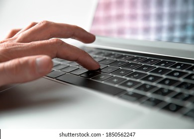 Close Up. Man Using A Keyboard Shortcut On A Laptop Keyboard.