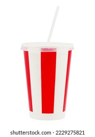 Close up, red and white paper cup with plastic lid and straw, isolated on white background.