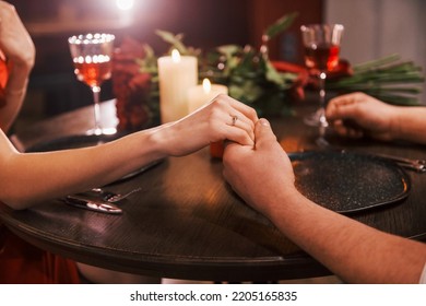 Close Up. Romantic Couple Have Dinner In The Restaurant.