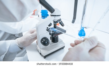 close up. scientist using a microscope in a modern laboratory.