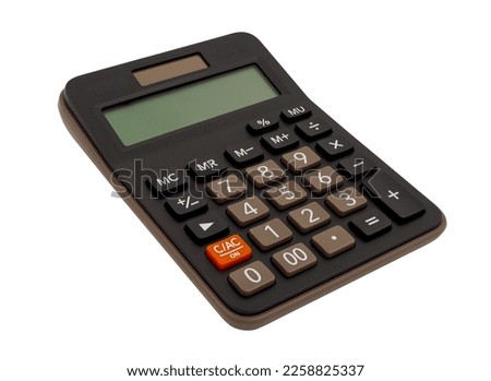 Close up, single small black plastic digital calculator, electronic office supplies for used to calculate numbers in economics, mathematics and business, isolated on white background.