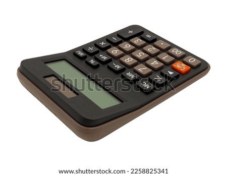 Close up, single small black plastic digital calculator, electronic office supplies for used to calculate numbers in economics, mathematics and business, isolated on white background.