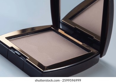 close up, small box, plastic, black, edge, gold chrome, inside, makeup, lid, mirror, background, white