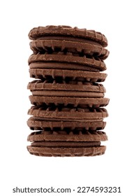 Close up, snack, stack is layers, more rich chocolate sandwich cookies 5 pieces, isolated on white background.