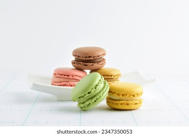 Close up. Typical French sweets, macarons, in different flavors.