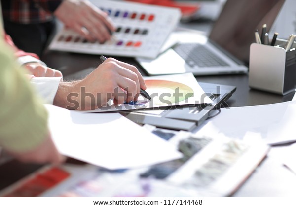 Close Updesigner Working Office Desk Blueprints Royalty Free
