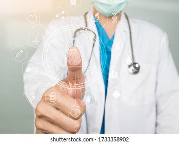 Close Up,Medical Staff Working With Modern Computer Interface As Concept. Doctor Scan Fingerprint Biometric Identity And Approve. Concept Of The Future Of Security And Password In Hospital, Thumb Up