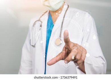 Close Up,Medical Staff Working With Modern Computer Interface As Concept. Doctor Scan Fingerprint Biometric Identity And Approve. Concept Of The Future Of Security And Password In Hospital