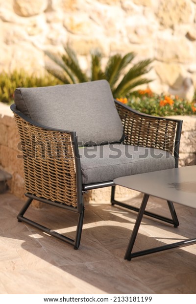 close up,Rattan Furniture\
Chairs Metal Structure Home Garden Metal Table Modern Design\
Furniture Series.