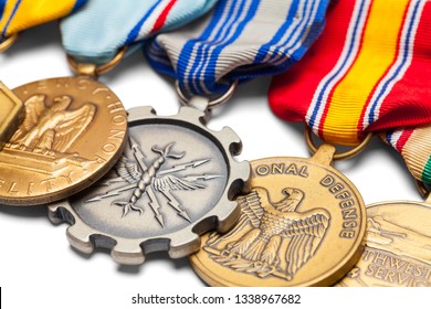 Close Up Of US Military Medals In A Row.