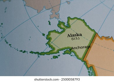 Close up of the USA on a map with Alaska in sharp focus. Alaska on a map