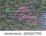 Close up of the USA on a map with Houston in sharp focus. Houston on a map
