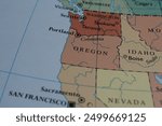 Close up of the USA on a map with Oregon in sharp focus. Oregon on the map of USA
