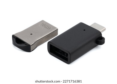 A close up of USB OTG. Type C to Type A adapters with isolated on a white background. technology product photo concept.	
